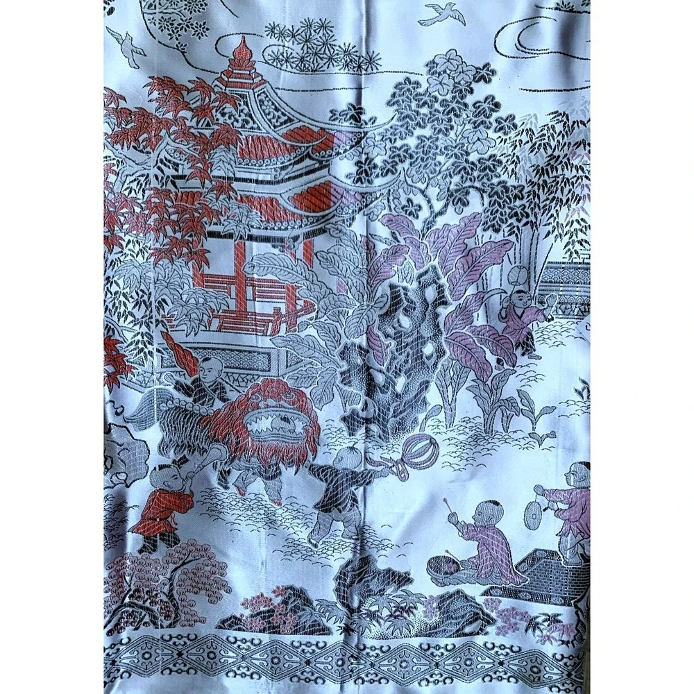 Vtg 1950's Chinese Silk Brocade Tablecloth Children at Play Dragon Parade 70x78